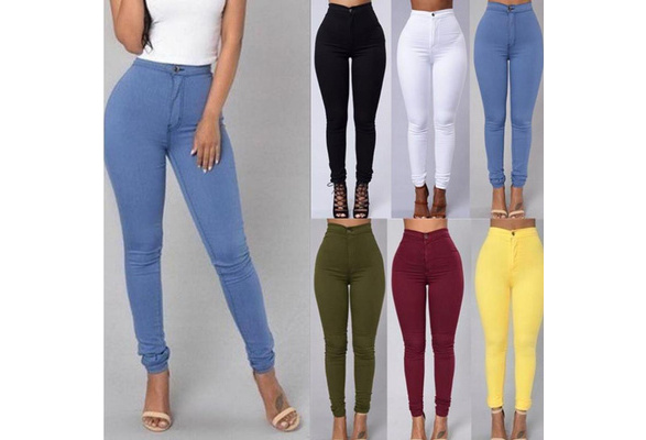 Women's Pencil Stretch Pants Cotton Skinny Jeans Pants High Waist Trousers S  - 3XL