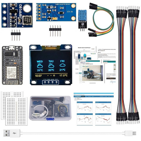 ESP8266 Weather Station Kit with DHT11 Temperature Humidity BMP180 Atmosphetic Pressure BH1750FVI Light Sensor 0.96 OLED IIC YellowBlue Display for Arduino IDE IoT Starter Guidance Document Included