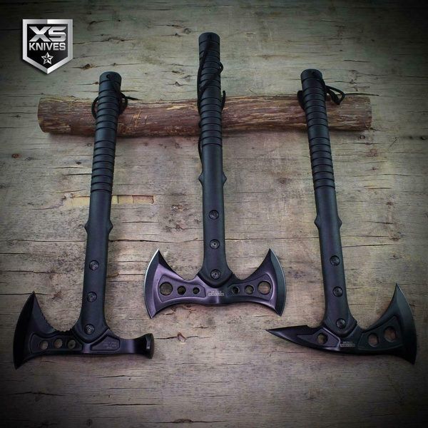 2PC Black Tactical TOMAHAWK Throwing Axe & COMBAT BOWIE Survival Hunting  SET