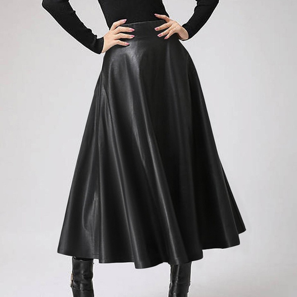 3 Color Women Faux Leather Skirt Dress Fashion High Waist Pleated Big ...