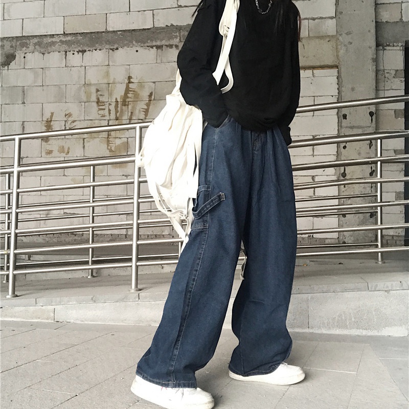 Lady Denim Jeans Pants Trouser Straight Wide Leg Loose High