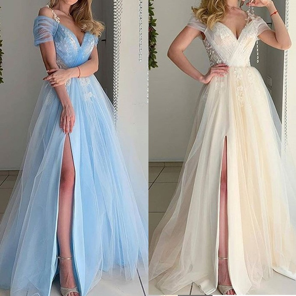 Prom Dresses Sexy Deep V Neck Sequins Beads Tulle and Lace High Split Long  Evening Dresses Bridal Wedding Dress | Wish