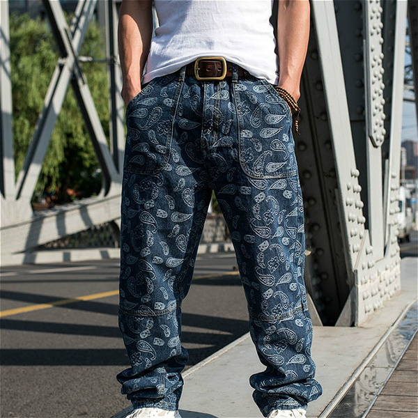 Men Baggy Jeans Vintage Paisley Print Denim Pants Hip Hop Loose Straight  Leg Trousers Plus Size