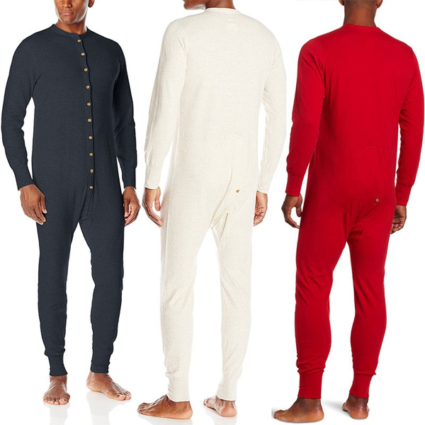 Men's Thermal Underwear Set Union Suits Long Sleeve Onesies Sleepwear  Bodysuit Button Down Pajamas S-XXL
