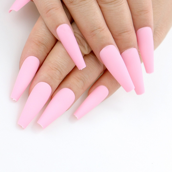 Uñas de ataúd mate rosa rubor piezas postizas diseños de uñas rosa mate sobresalientes cubierta completa | Wish