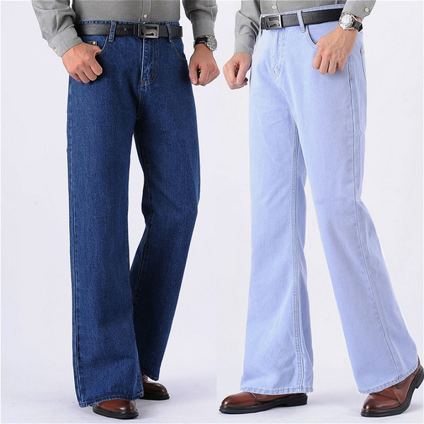 Men Plus Bell Bottom Jeans Vintage 60s 70s Flared Denim Pants High Waist Wide  Leg Trousers Blue