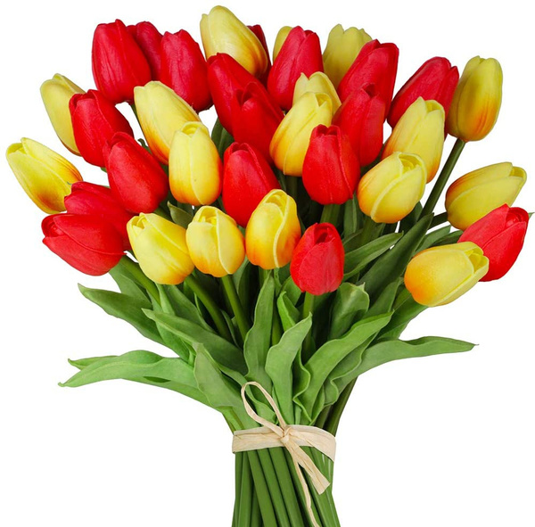 28 Pcs Multicolor Tulips Artificial Flowers Faux Tulip Stems Real