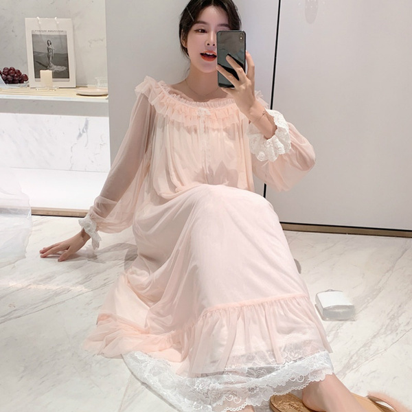 Womens Lolita Nightdress Floral Lace Ruffles Sleepwear Nightgown