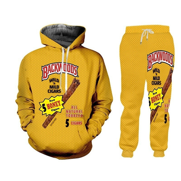 Slim Yellow O Neck Hoodies Pullover BACKWOODS Pattern Hoodie Sweatshirt 3D Baggy Slack Sweatpants 2PCS Set Tracksuit Set Spring Autumn Winter