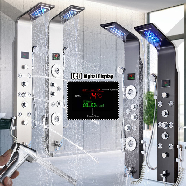 Led Stainless Steel Shower Panel Tower System Rainfall Waterfall Shower