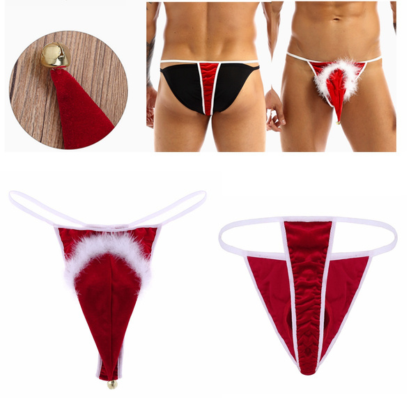 Mens Velvet Christmas Holiday Santa Claus G-String Thong Bikini Briefs  Underwear