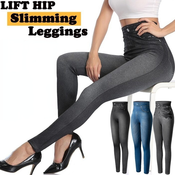 Women Fashion Faux Denim Leggings Skinny Jeans High Waist Compression  Leggings Slim Fit Seamless Long Jeans Casual Pencil Pants