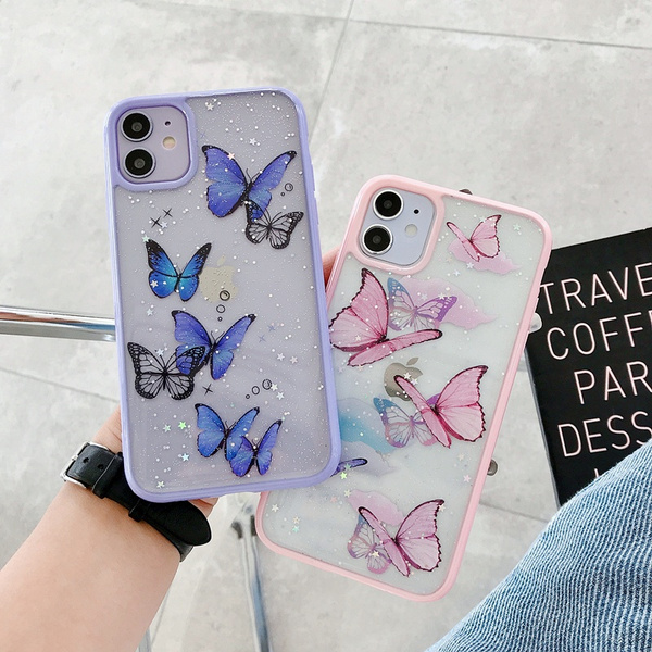 Gimfun Cute Laser Card Butterfly Phone Case for iPhone 12 12mini 11 Pro Max XS Max XR 7 6 8 Plus Pink Purple Glitter Soft Clear TPU Cover