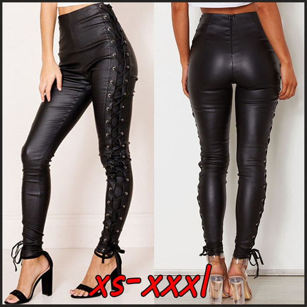 Women Fashion High Waist Pants PU Leather Waterproof Stretchy