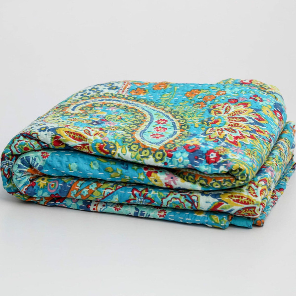 Indian Handmade Turquoise Paisley Design Kantha Quilt Cotton Kantha Blanket Hand Stitched Kantha Bedspread Bohemian Kantha Beach Throw