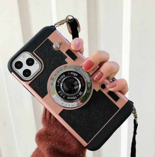 For Phone 7/8 New Emily in Paris Phone Case Vintage Camera Black Modern 3D Vintage Style Camera Design Silicone Cover with Long Strap Rope for Phone 11 PRO MAX/X/XS