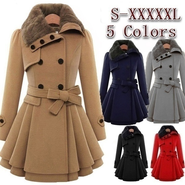Women Woolen Jacket With Fur Collar Hooded Long Coat Plus Size