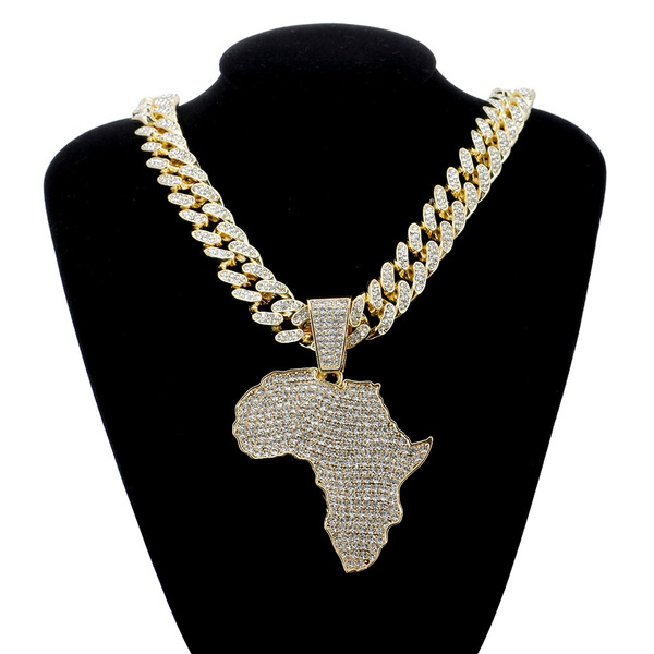 Details about   Hip Hop Rap Style Necklace Small Africa Mirror Map Pride Crystal Figaro Chain 