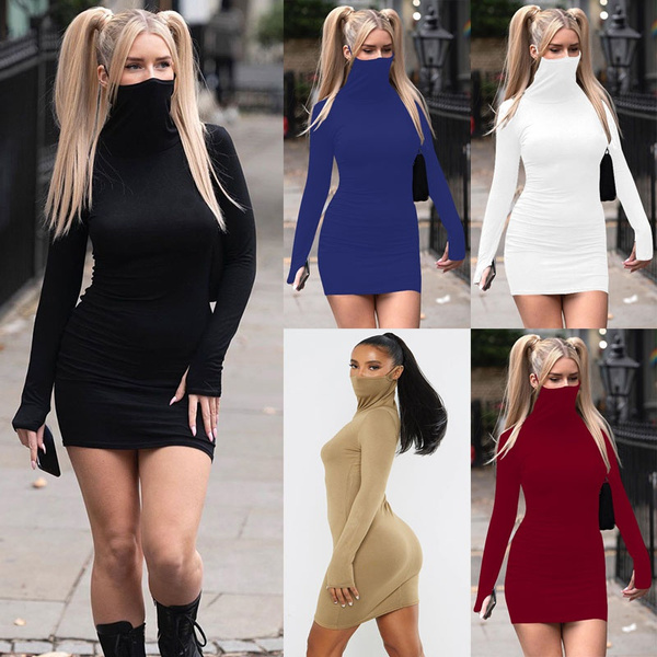 Women Sexy Bodycon Long Sleeve Turtleneck Tight Fit Mini Dress