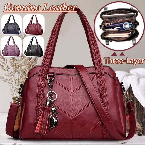 Three-Layer Leather Crossbody Shoulder & Clutch Bag, Leather