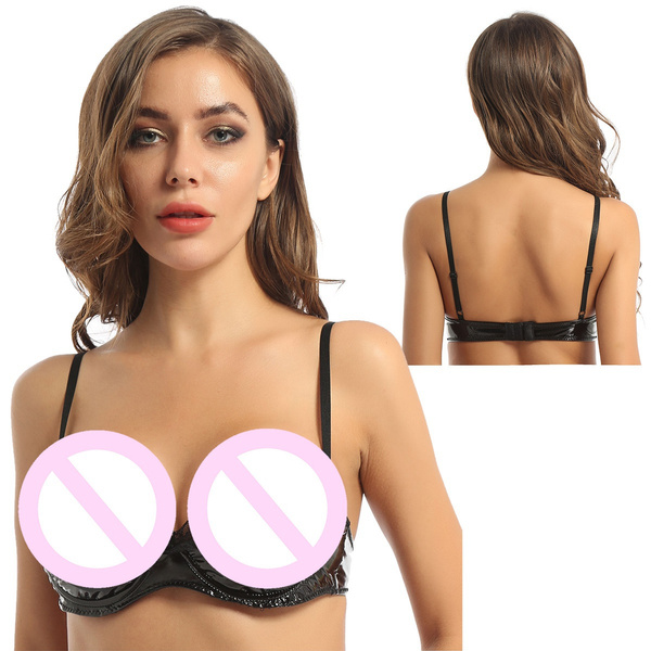 Sexy Bra Women Open Nipple Bra Wet Look Patent Leather Lingerie Hole Design  Bra Top