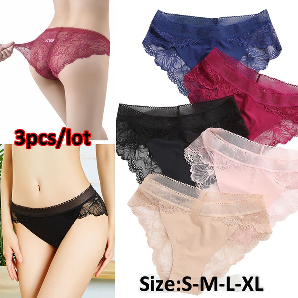 3pcs/lot Plus Size Woman Underwear Female Panties Comfort Intimates Lace Underwear  Briefs Ice Silk Hollow Out Lingerie Underpants