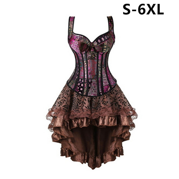 Women Printed Corset With Straps Zipper Side Lace Up Back Overbust Corsets  and Bustiers Skirts Sexy Ball Grown Dress Burlesque Corset Dress