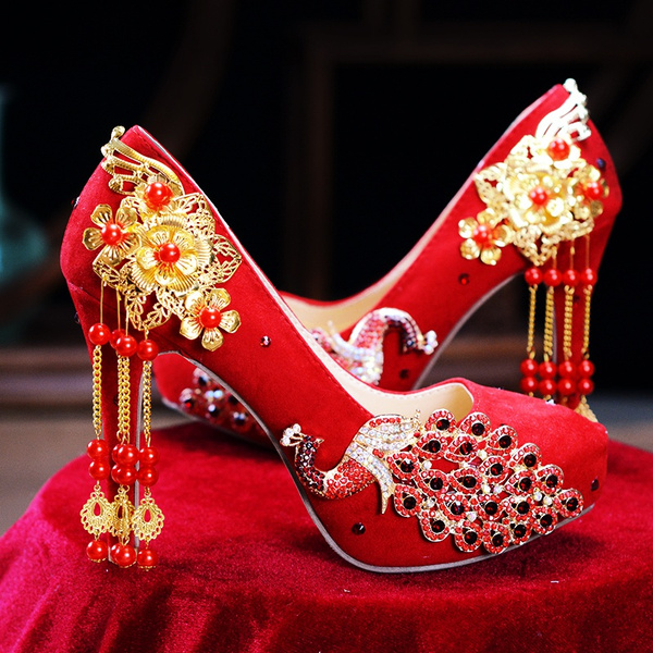Hylde oplukker tryllekunstner Chinese Style Beautiful Wedding Shoes Women's New Xiuhe Dress Bridal Shoes  Chinese Wedding Red Wedding Dress High Heel Crystal Shoes Phoenix Tassel |  Wish