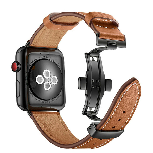 for Apple Watch Band 44mm Genuine Leather iWatch Band 42mm Men Women Sport  Wristband Metal Butterfly Buckle Bracelet Replacement Band for 42mm 44mm Apple  Watch SE Series 6/5/4/3/2/1 | Wish