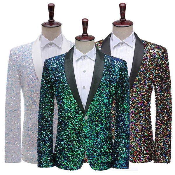 Mens Sequin Shawl Lapel Suit Jacket Tunic Blazer Fancy Dress Casual ...