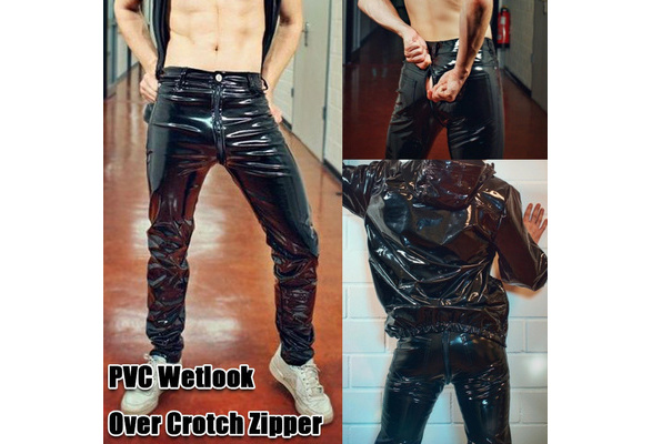 Fashion Black Men's Wetlook PVC Pants Over Crotch Zipper Liquid Trousers  for Men Motorcycle Leather Pants