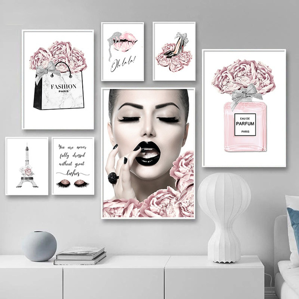  WANBOYA Fashion Women Canvas Wall Art Pink Flower Perfume  Modern Art Prints with Book High Heel 3 Pieces Canvas Pictures Girl Room Wall  Decor for Women Bedroom Bathroom Ready to Hang