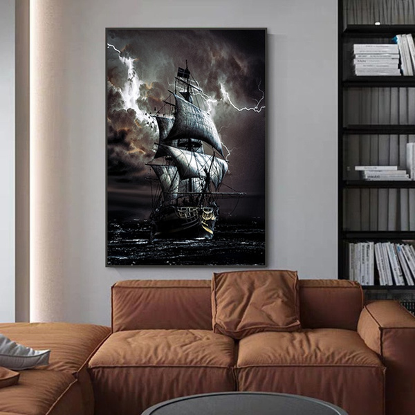 Pirate Ship At Sea Canvas Painting Black Sailboat Vintage Posters and  Prints Vessel Wall Pictures for Living Room Decor Quadro