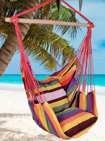 XXL Hammock Chair Hanging Rope Swing With 2 Cushions - Max 500lbs-Perfect For Patio, Porch, Bedroom, Backyard, Indoor Or Outdoor - Includes Hanging Hardware Kits Rainbow