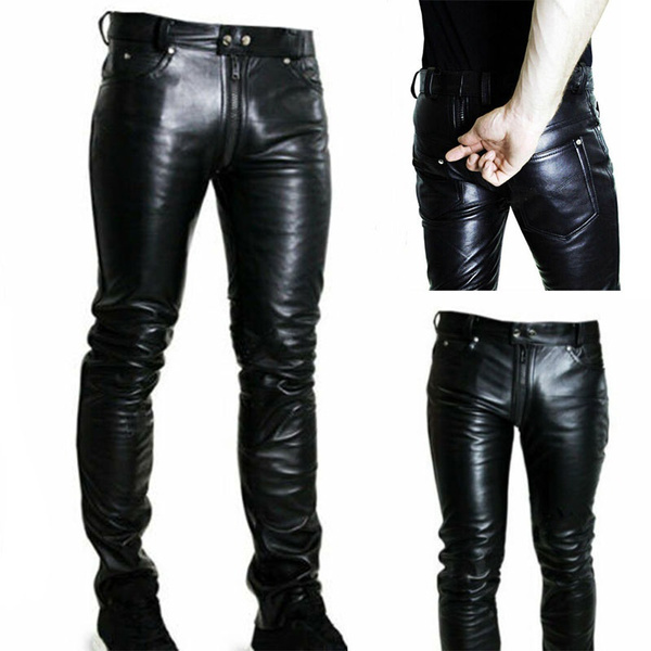 Men's Leather Motorcycle Pants Double Zipper Leather Pants Front and ...