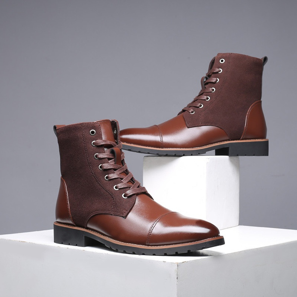 Men's Fashion Shoes Men Lace-up Splicing Mid Boots Winter Warm Leather ...