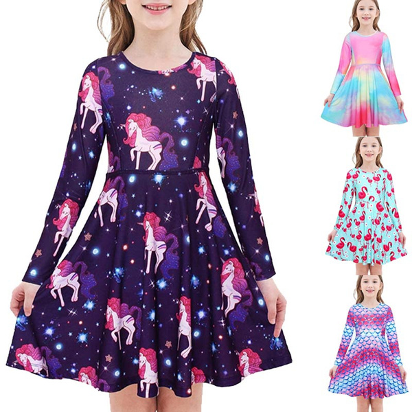 Little Girls Long Sleeve Dress Tie Dye/Unicorn Dress Swing Party A Line