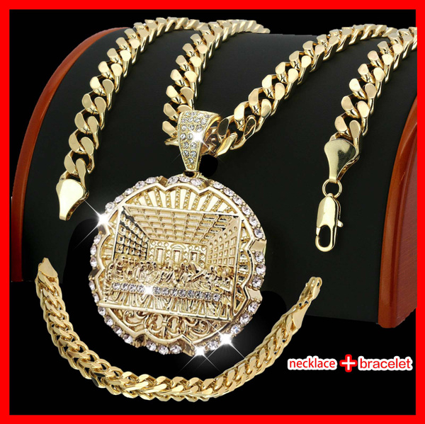Men's 14K Gold Plated Last Supper Pendant With Cubic Zirconia & 30" Cuban Chain