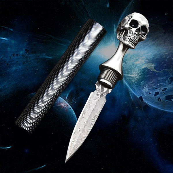 Handmade Damascus Ghost Head Tea Knife M390 Powder Steel Skull Awl Cone ...