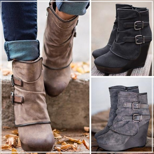 Women Retro Double Buckle Casual Boots Autumn Winter Zipper Wedge