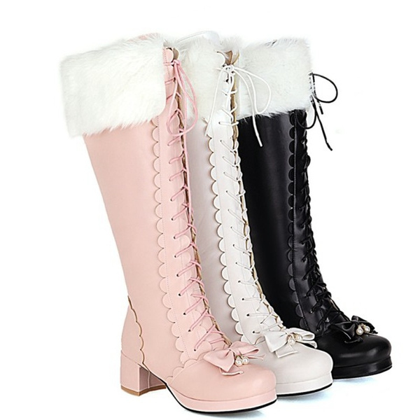 Women Fuzzy Boots Lace Up Knee High Boots PU Leather Shoes Black
