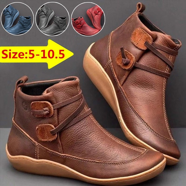 New Fashion Women's Medieval Vintage Leather Boots Braided Strap Flat