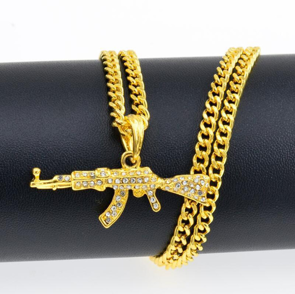 Fashion AK47 Gun Pendant Necklace Iced 