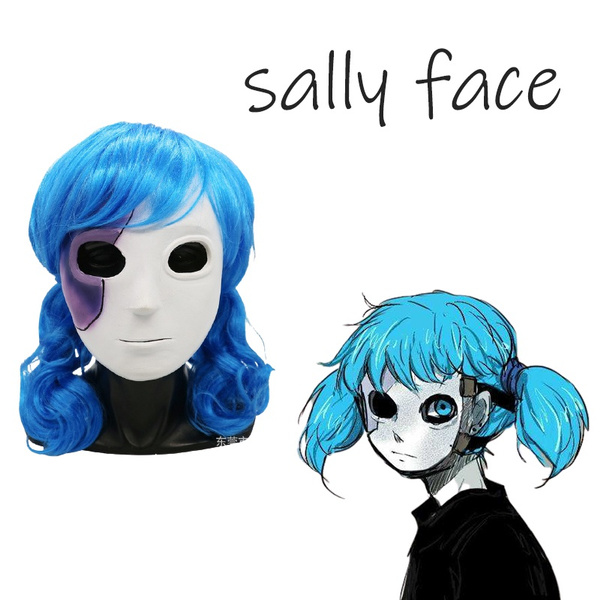 Sally Face Cosplay Props Sally Latex Face Mask Wig Short Blue Heat Resistant Synthetic Hair Clip Ponytail Wig