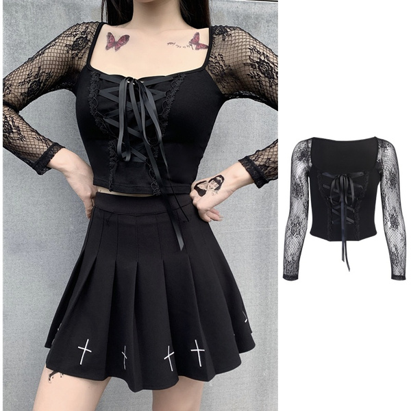 Women's Gothic Dress Punk Lace Patchwork Dress High Waist Long Sleeve  Ruffle Collar A-Line Party Dress Cosplay