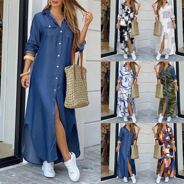 Fashion Korean Plus Size Denim Dress For Women Summer Dress 2020 Lapel  Split Sexy Long Maxi Jeans Dress Vestidos de mujer#s | Wish
