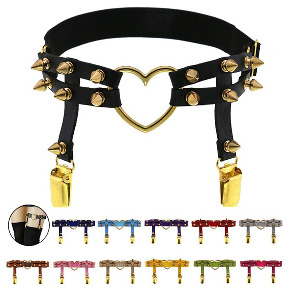 Harajuku Gold Peach Heart Garter Belt Punk Leg Ring Garter Women's Elastic Garters Strap Rivet