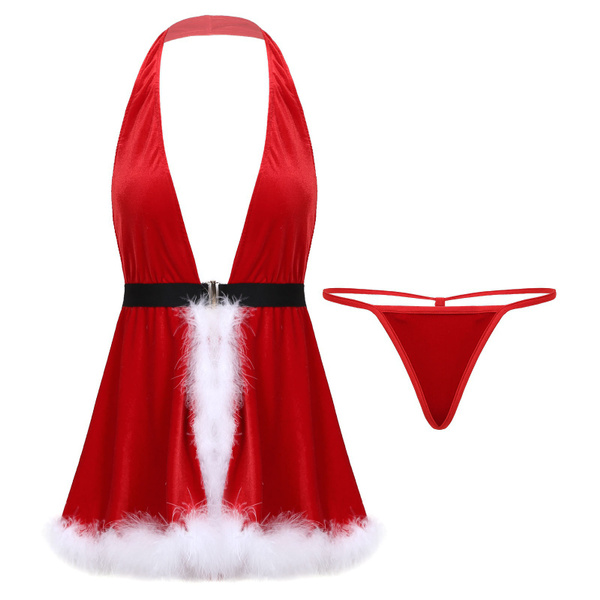 Women's Christmas Underwear Santa Costume Halter Dress with GString Wish