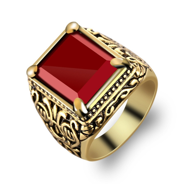 Business Men's Fashion Ring Luxury Retro Red Zircon Ring Wedding