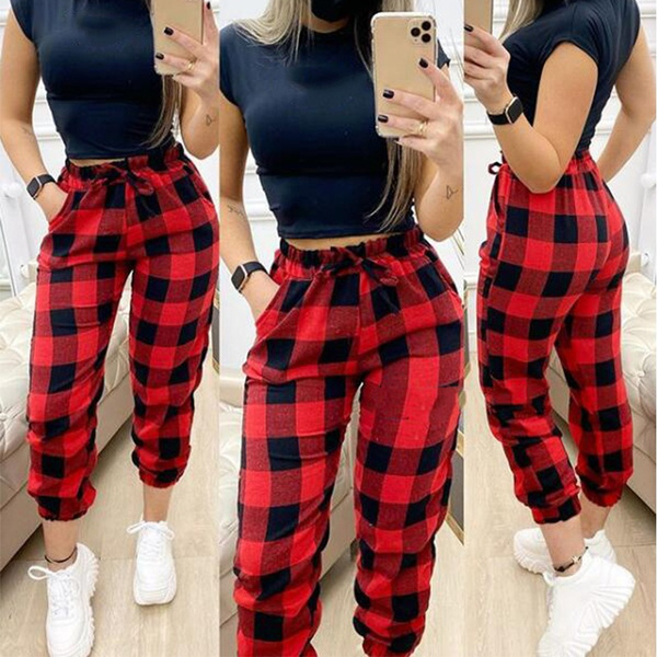 Syiwidii vintage plaid pants elastic waist pants women high waist plus –  Boo Bear Uk